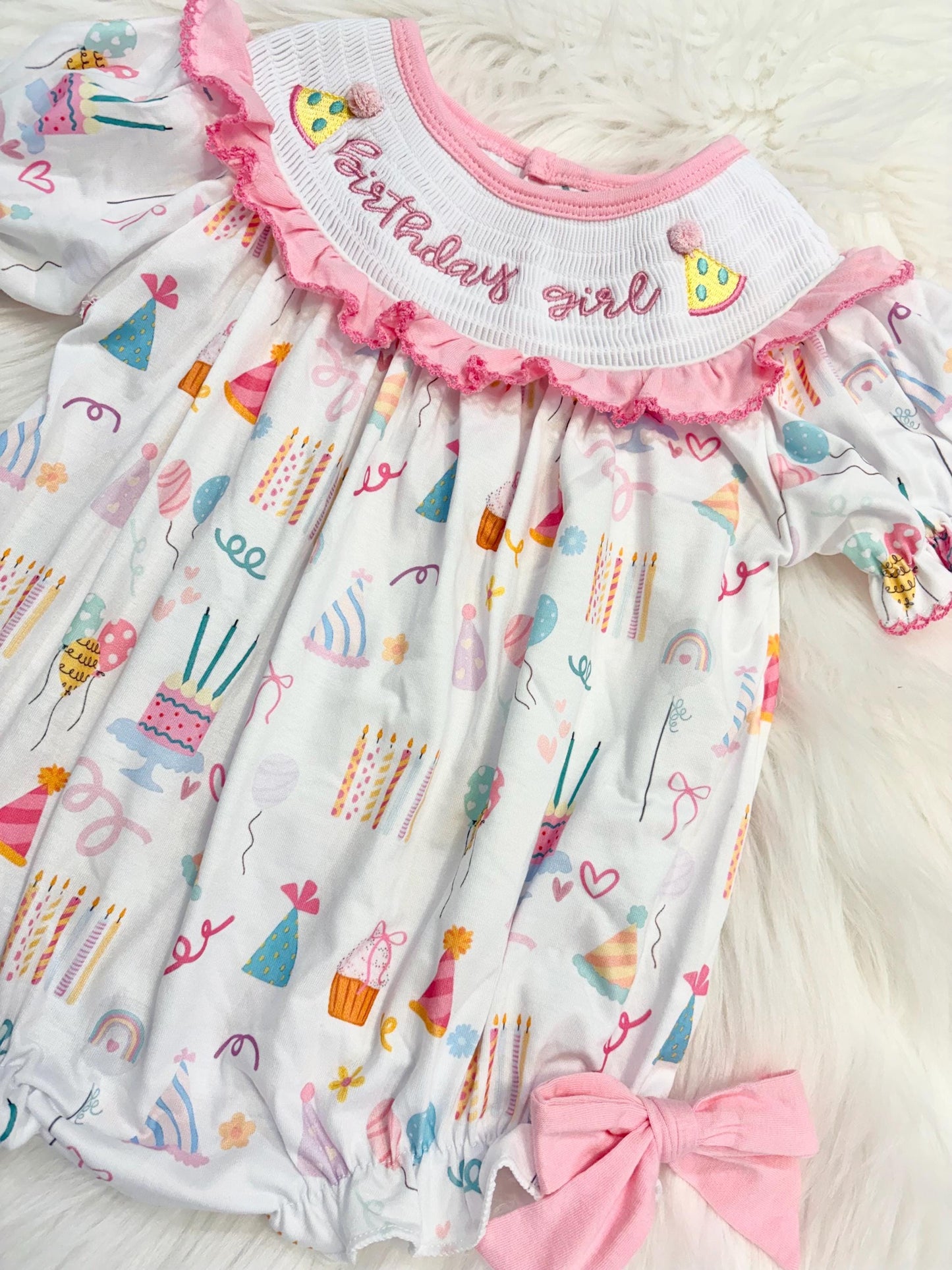 birthday girl party hat outfit one is fun first birthday outfit, pink first birthday smocked bubble romper outfit its fun to be one pink bow ruffle first birthday girl romper pink and white outfit, colorful rainbow pink white smocked bubble romper first birthday winter bows ruffle bows  embroidered smocked long sleeve 1st birthday outfit romper baby girls, the mod mango baby boutique co
