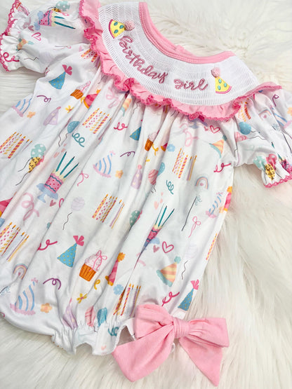 birthday girl party hat outfit one is fun first birthday outfit, pink first birthday smocked bubble romper outfit its fun to be one pink bow ruffle first birthday girl romper pink and white outfit, colorful rainbow pink white smocked bubble romper first birthday winter bows ruffle bows  embroidered smocked long sleeve 1st birthday outfit romper baby girls, the mod mango baby boutique co