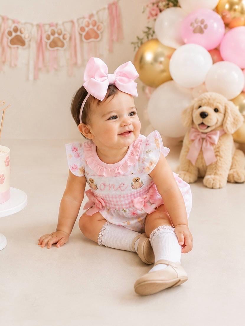 one golden year first birthday outfit bubble romper pink and white gingham and bows first birthday girl romper pink and white gingham outfit, girls golden retriever puppy dog sweet white smocked bubble romper first birthday spring summer bows ruffle embroidered smocked puppy 1st birthday outfit romper baby girl cake smash outfit, the mod mango baby boutique co