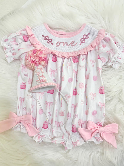 Pink Bow Smocked "ONE" Romper: First Birthday Girl Outfit