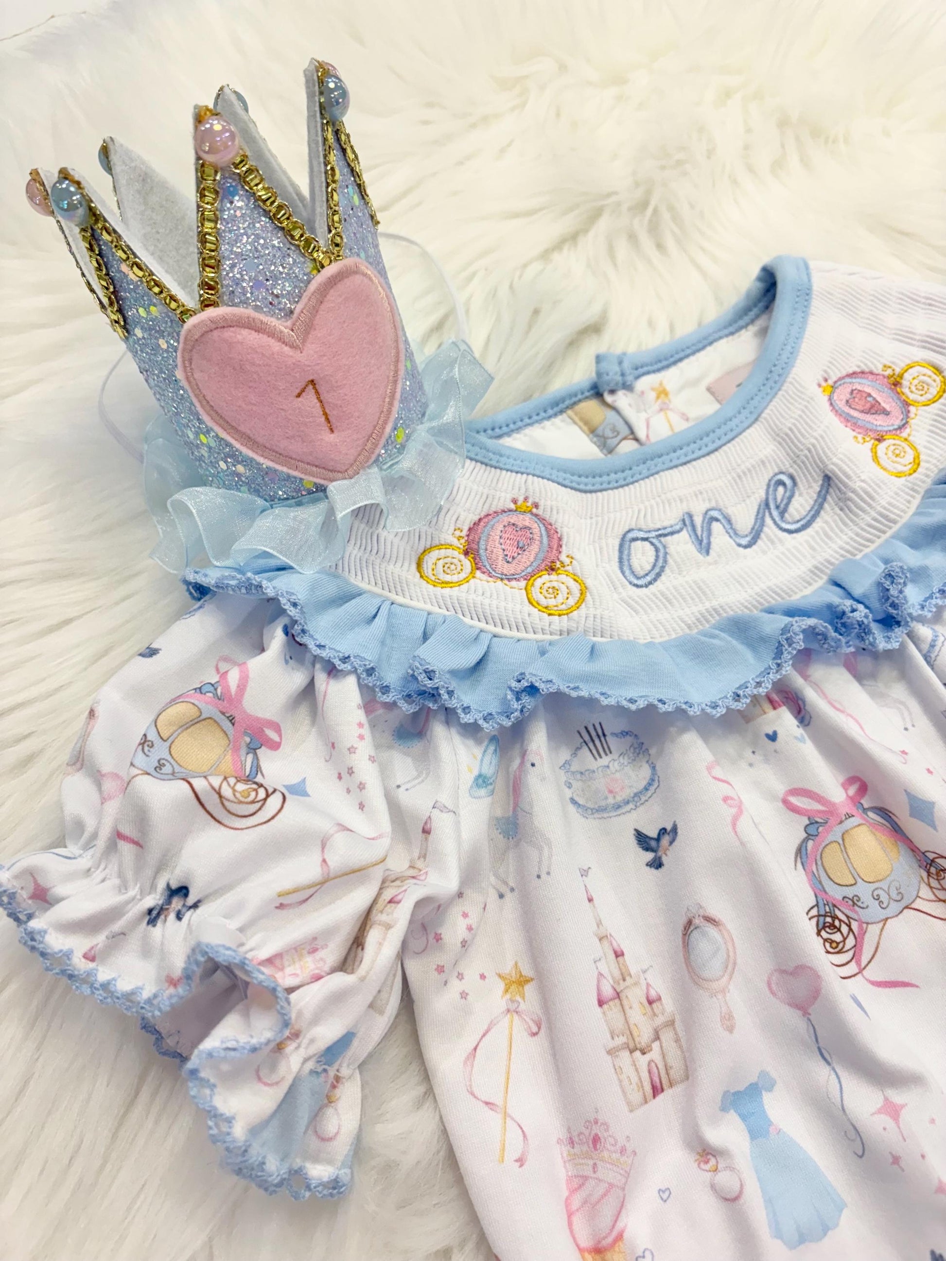 Princess 1st Birthday Smocked Romper: One-ce Upon a Time Blue Ruffles and Bows