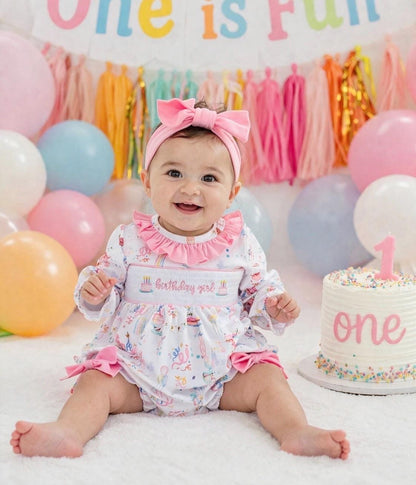 pink first birthday smocked bubble romper outfit its fun to be one pink bow ruffle first birthday girl romper pink and white outfit, birthday cake pink white smocked bubble romper first birthday winter bows ruffle bows  embroidered smocked long sleeve 1st birthday outfit romper baby girls, the mod mango baby boutique co