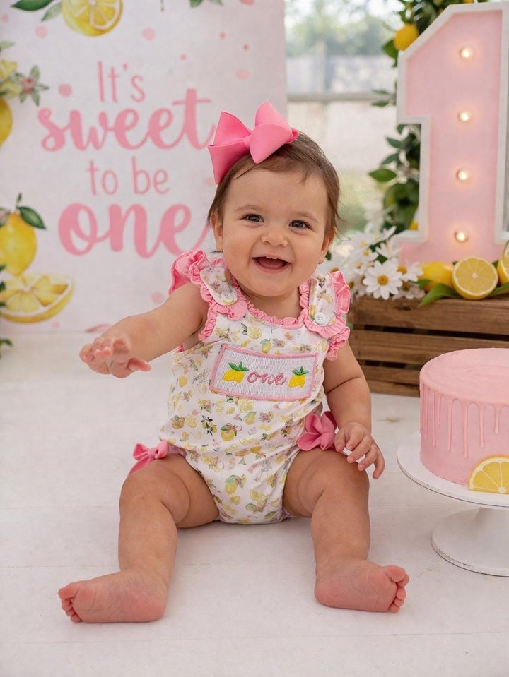 lemon first birthday sweet lemons and bows first birthday girl romper hot pink yellow and white outfit, girls sweet to be one pink lemonade smocked bubble romper first birthday spring summer bows ruffle embroidered smocked lemon 1st birthday outfit romper baby girl