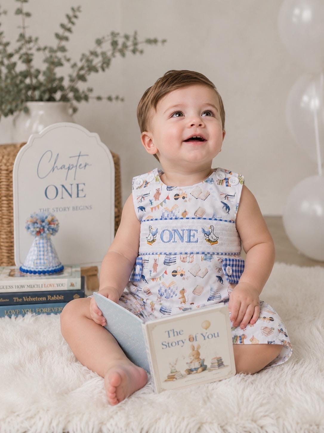 one silly goose outfit, chapter one books birthday boy romper one for the books shortalls blue white gingham smash cake outfit overalls, ONE smocked romper first birthday books, storybooks baby goose embroidered smocked spring summer fall 1st birthday boy outfit romper baby boys reading 1st birthday, the mod mango baby co