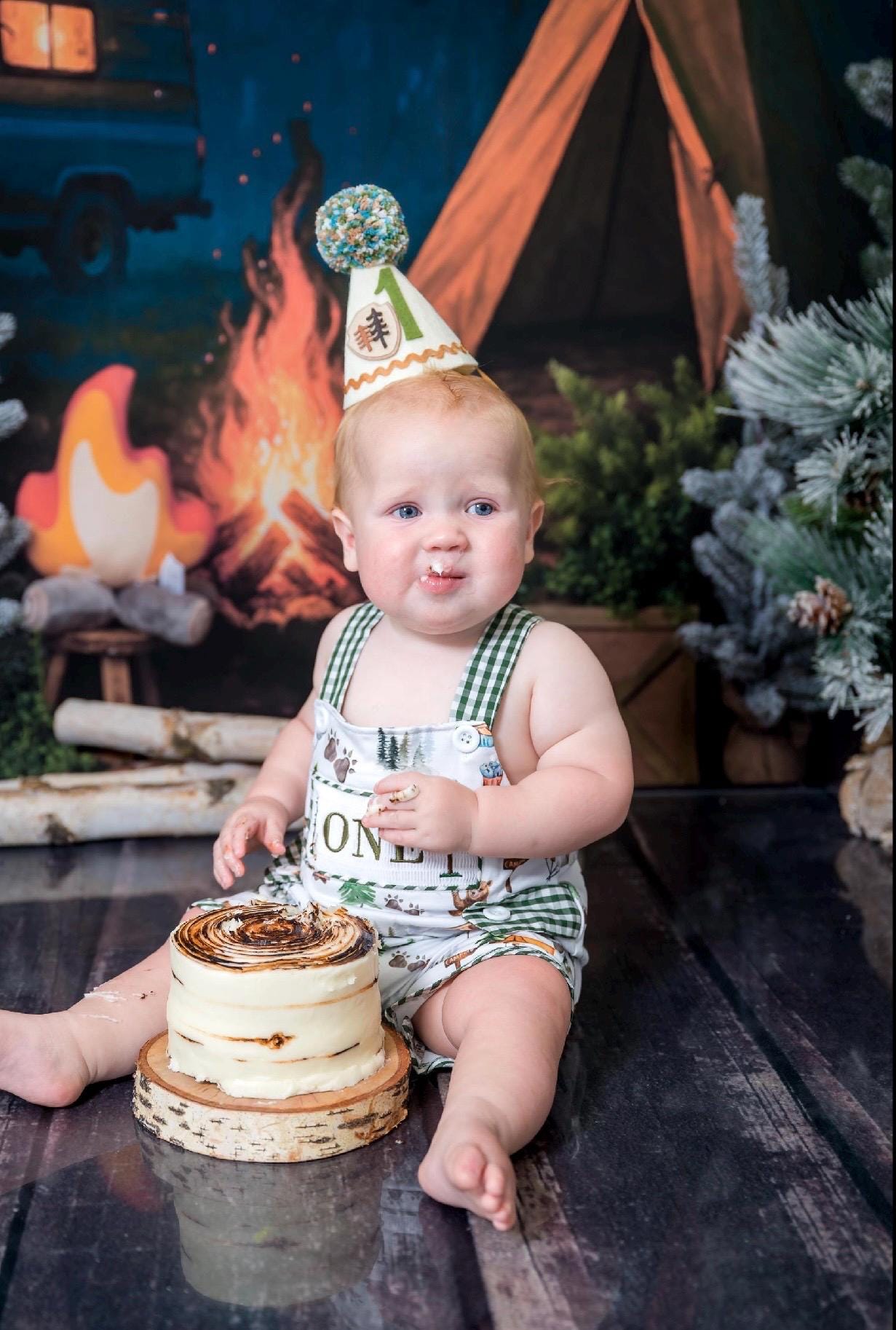 one happy camper cake smash outfit first birthday boy romper camping hunter green white gingham tan beige brown smash cake outfit overalls, ONE smocked romper first birthday camping, outdoors embroidered smocked spring summer 1st birthday boy outfit romper baby boys cake smash outfit, the mod mango baby boutique co