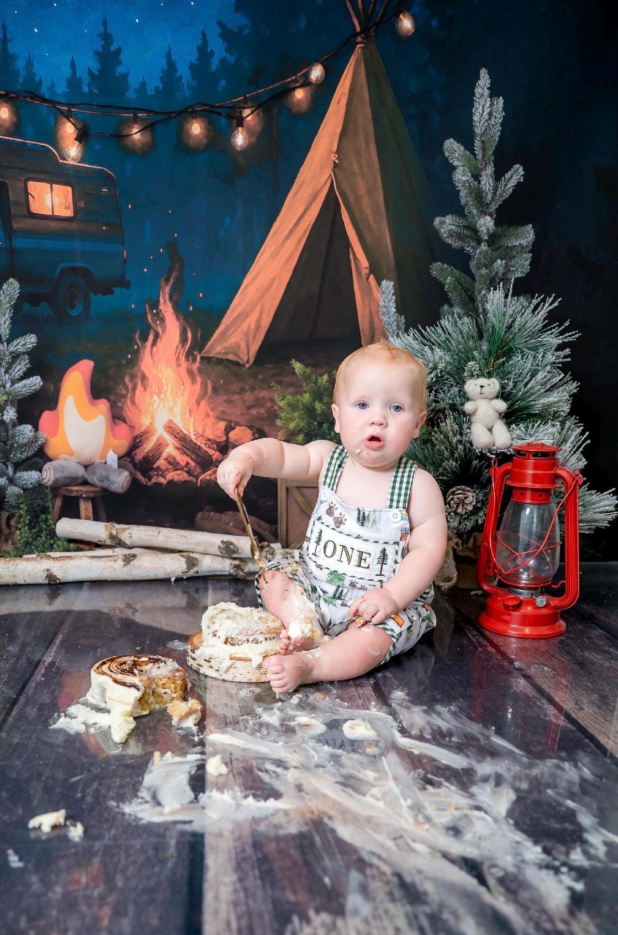 one happy camper cake smash outfit first birthday boy romper camping hunter green white gingham tan beige brown smash cake outfit overalls, ONE smocked romper first birthday camping, outdoors embroidered smocked spring summer 1st birthday boy outfit romper baby boys cake smash outfit, the mod mango baby boutique co