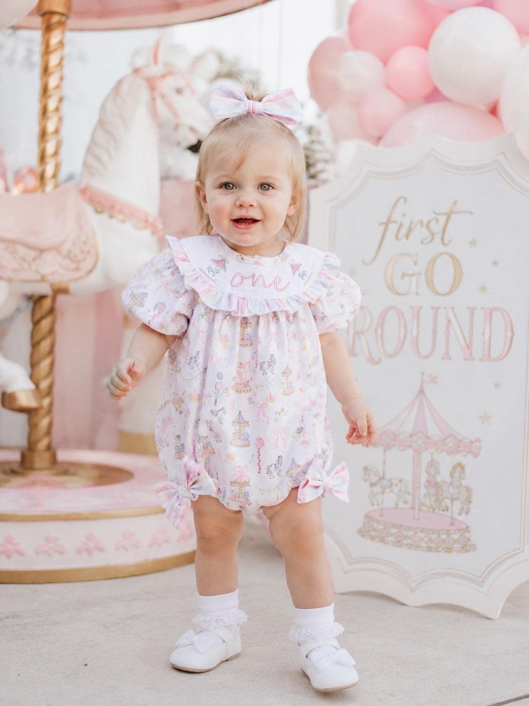 carousel merry go round girls first birthday bubble romper outfit pink bows first birthday girl romper pink and white outfit, pink blue green white pastel smocked romper first birthday embroidered carousel smocked short sleeve 1st birthday outfit ruffle outfit baby girls, the mod mango baby boutique co