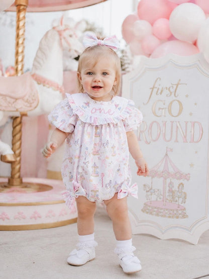 carousel merry go round girls first birthday bubble romper outfit pink bows first birthday girl romper pink and white outfit, pink blue green white pastel smocked romper first birthday embroidered carousel smocked short sleeve 1st birthday outfit ruffle outfit baby girls, the mod mango baby boutique co