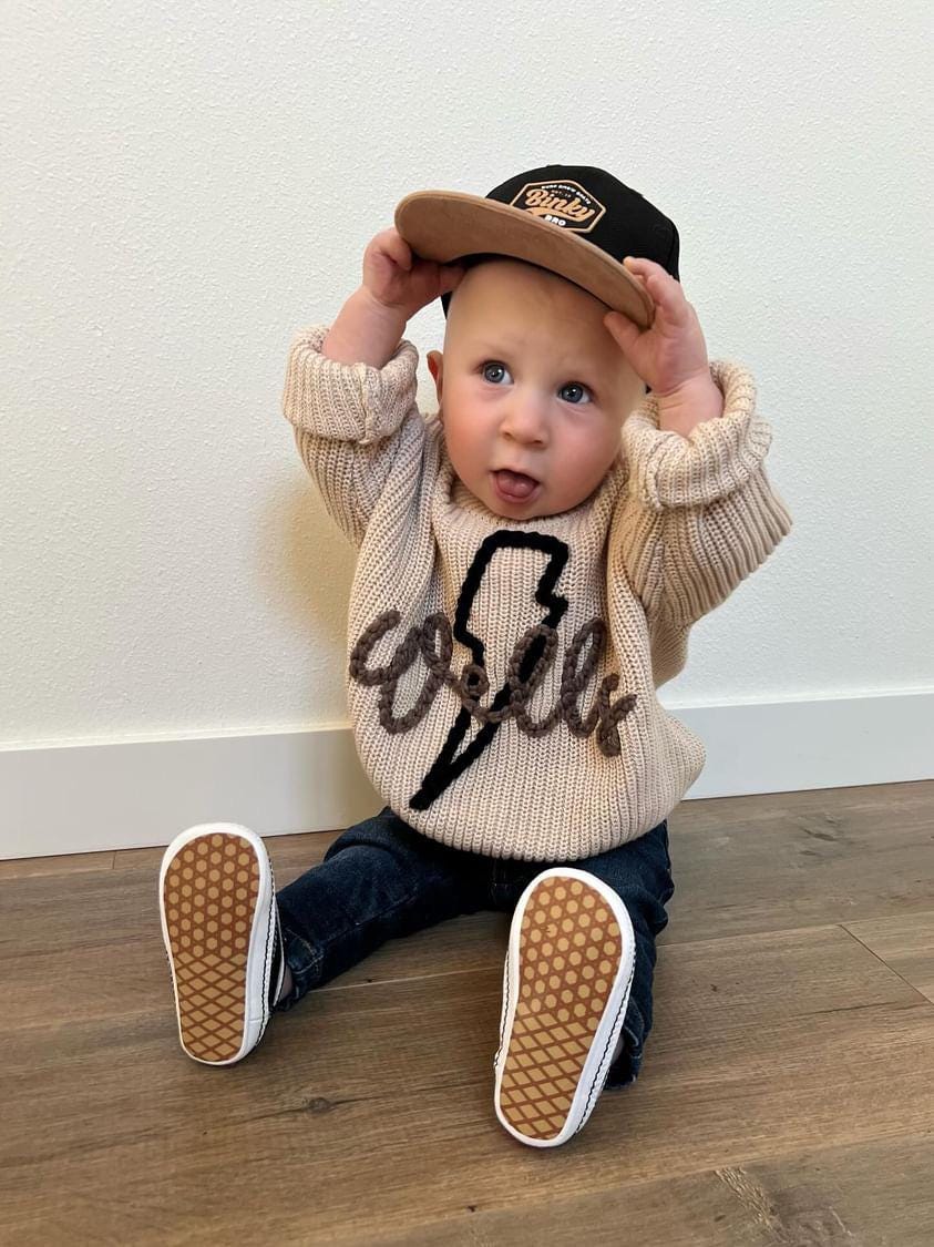 hand embroidered baby toddler brother sweater with flowers for baby boy girl, personalized baby shower gift for girl, light pink blush beige cream baby gift, pregnancy announcement, custom newborn baby sweater with name, hand embroidered baby sweater, the mod mango baby boutique co
