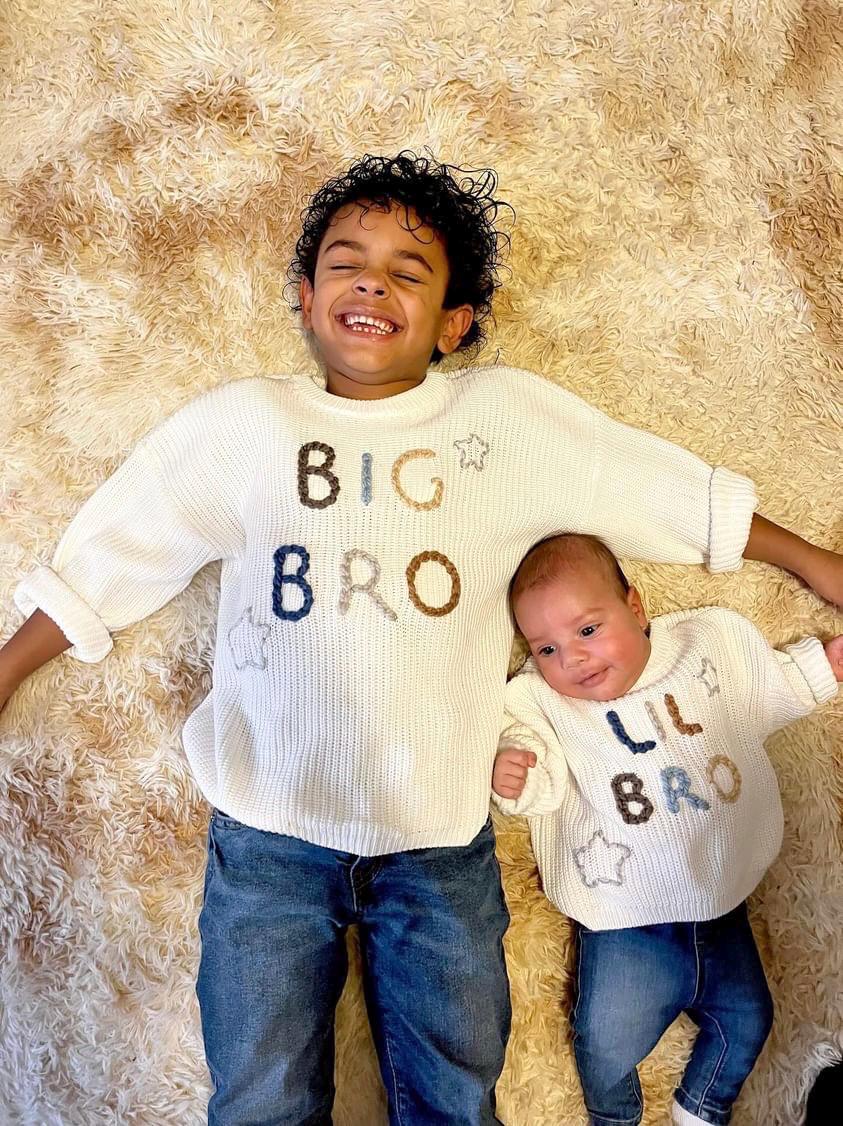 hand embroidered baby toddler brother sweater with flowers for baby boy girl, personalized baby shower gift for girl, light pink blush beige cream baby gift, pregnancy announcement, custom newborn baby sweater with name, hand embroidered baby sweater, the mod mango baby boutique co