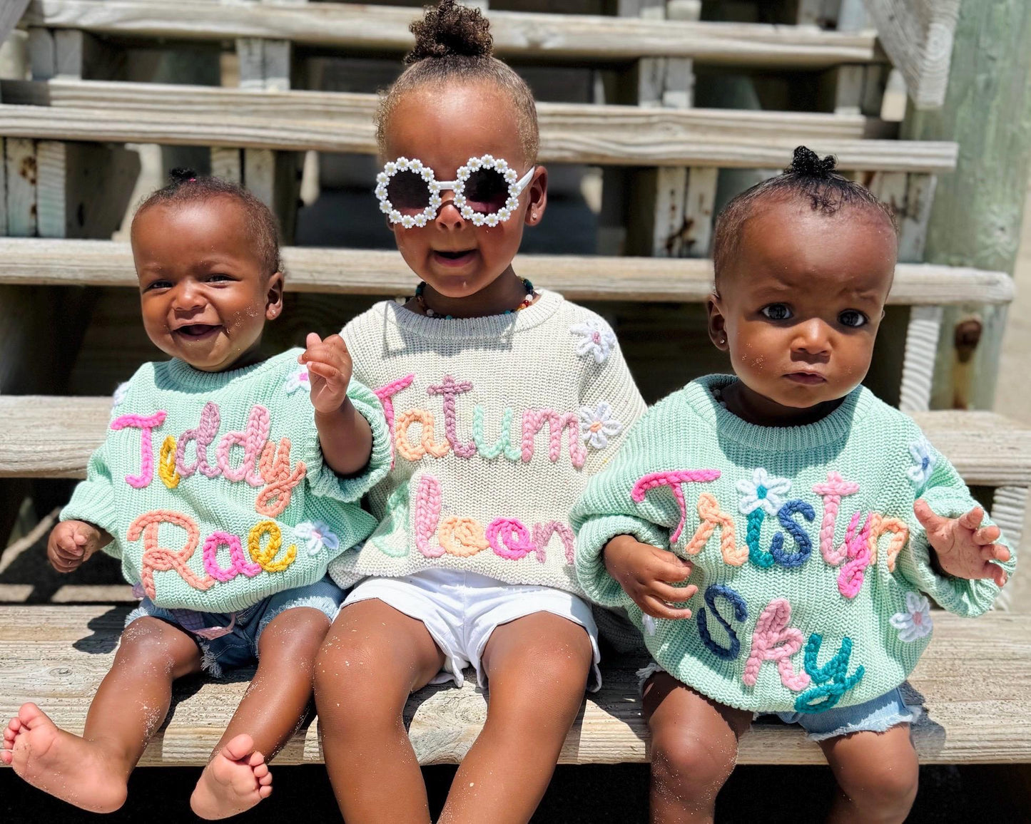 custom embroidered name sweater, hand stitched Baby Girls Chunky Knit Hand Embroidered Custom Baby Name Sweater, Oversized Sweater for Baby girls, toddler girls sweater, baby boys sweater, toddler boys sweater, colorful, rainbow letter neutral beige cream sweater with name for baby