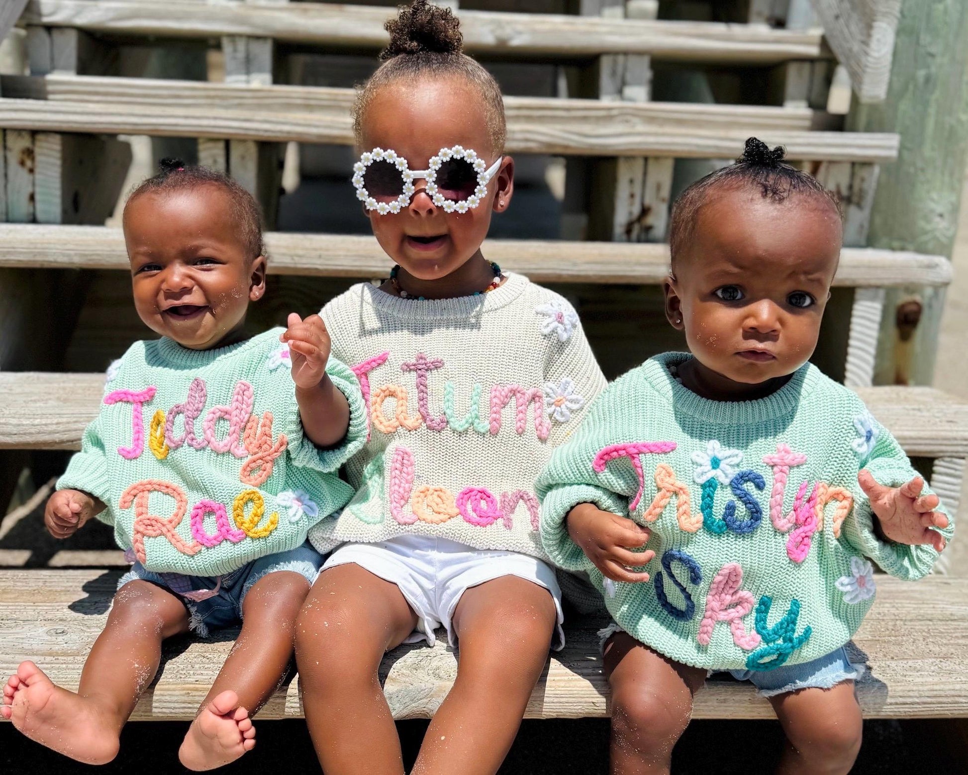 custom embroidered name sweater, hand stitched Baby Girls Chunky Knit Hand Embroidered Custom Baby Name Sweater, Oversized Sweater for Baby girls, toddler girls sweater, baby boys sweater, toddler boys sweater, colorful, rainbow letter neutral beige cream sweater with name for baby