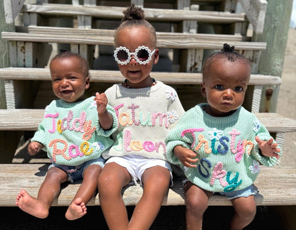 Hand Embroidered Baby Name Sweater, Oversized Rainbow Knit