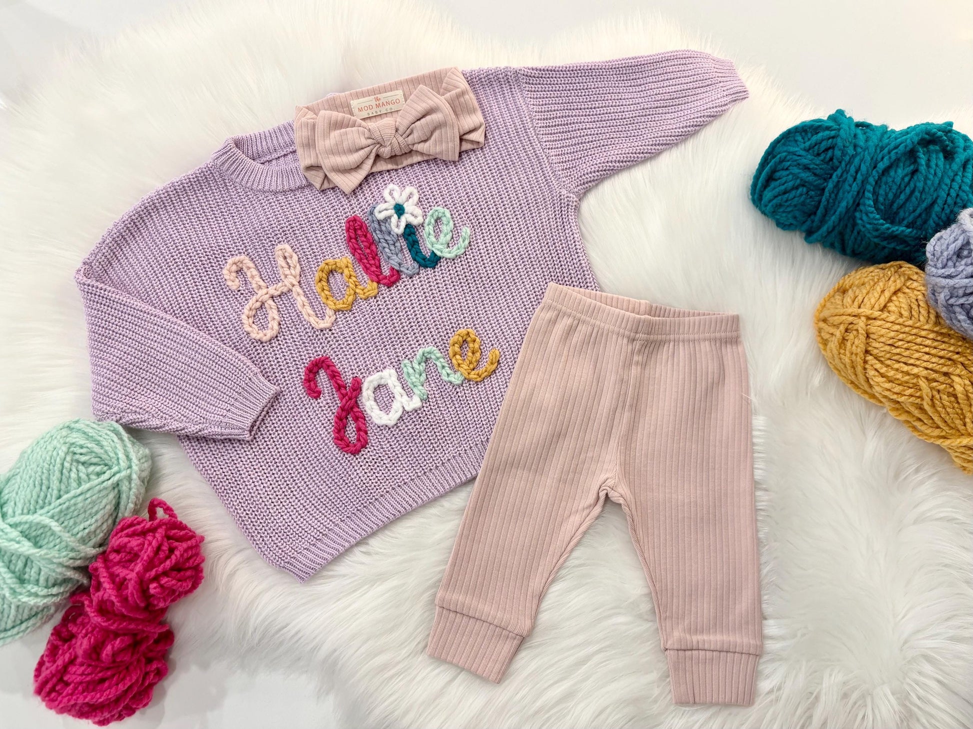 Hand Embroidered Baby Name Sweater, Oversized Rainbow Knit