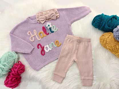 Hand Embroidered Baby Name Sweater, Oversized Rainbow Knit