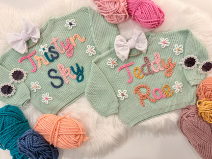 Hand Embroidered Baby Name Sweater, Oversized Rainbow Knit