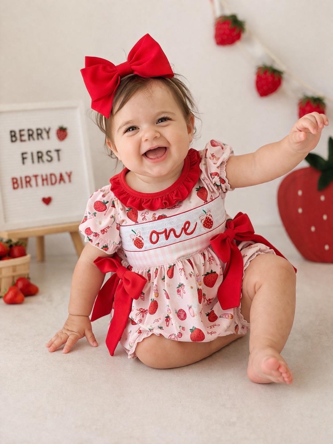 berry first birthday outfit bubble romper red and pink strawberries and bows first birthday girl romper pink red and white gingham outfit, girls berry sweet red white smocked bubble romper first birthday spring summer bows ruffle embroidered smocked strawberry 1st birthday outfit romper baby girl