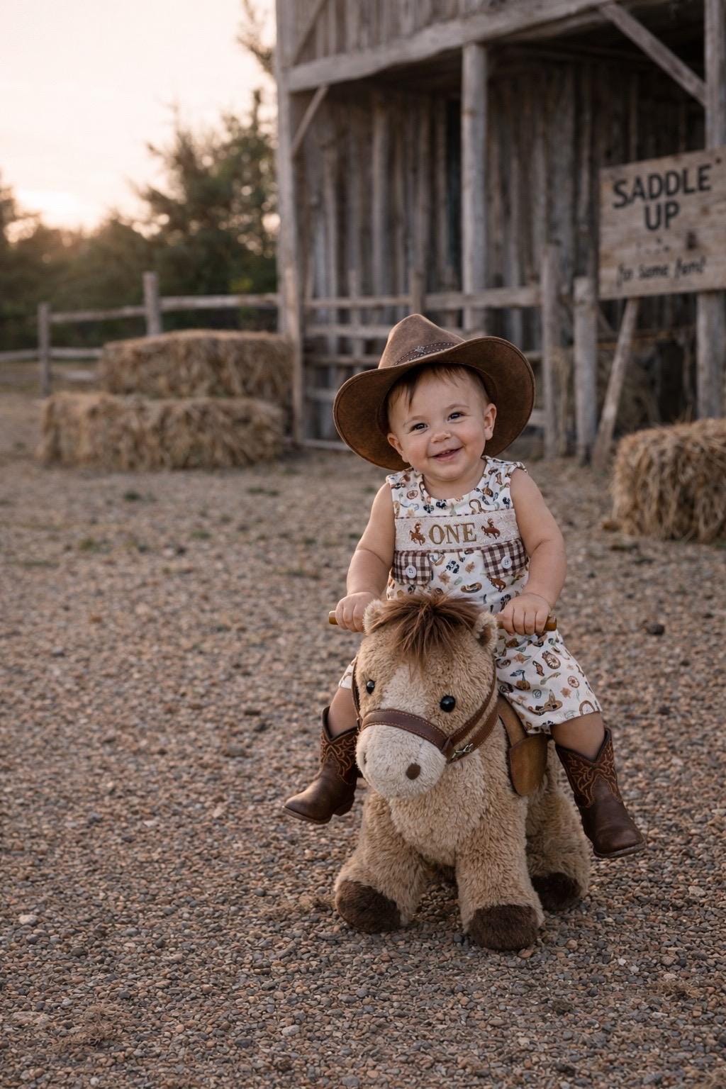 May include: A smiling baby wearing a brown cowboy hat and boots, riding a plush toy horse. The baby is wearing a patterned outfit with the word "ONE" on it. The background includes a wooden barn and hay bales.