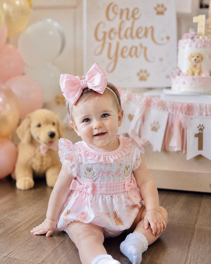 First Birthday Smocked Bubble Romper: Girls Pink Gingham Puppies and Bows, One Golden Year