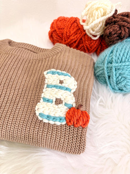 Orange blue brown Personalized Monogram Baby and Toddler Fall Pumpkin Sweater, Striped Initial Pumpkin Patch Outfit Toddler Boy Girl Baby Name Pumpkin Sweater, Custom Sweater for Fall Thanksgiving, brown and orange baby sweater with name, chunky knit baby sweater personalized, first thanksgiving, the mod mango