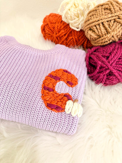 Purple Orange Personalized Monogram Baby and Toddler Fall Pumpkin Sweater, Striped Initial Pumpkin Patch Outfit Toddler Boy Girl Baby Name Pumpkin Sweater, Custom Sweater for Fall Thanksgiving, brown and orange baby sweater with name, chunky knit baby sweater personalized, first thanksgiving, the mod mango