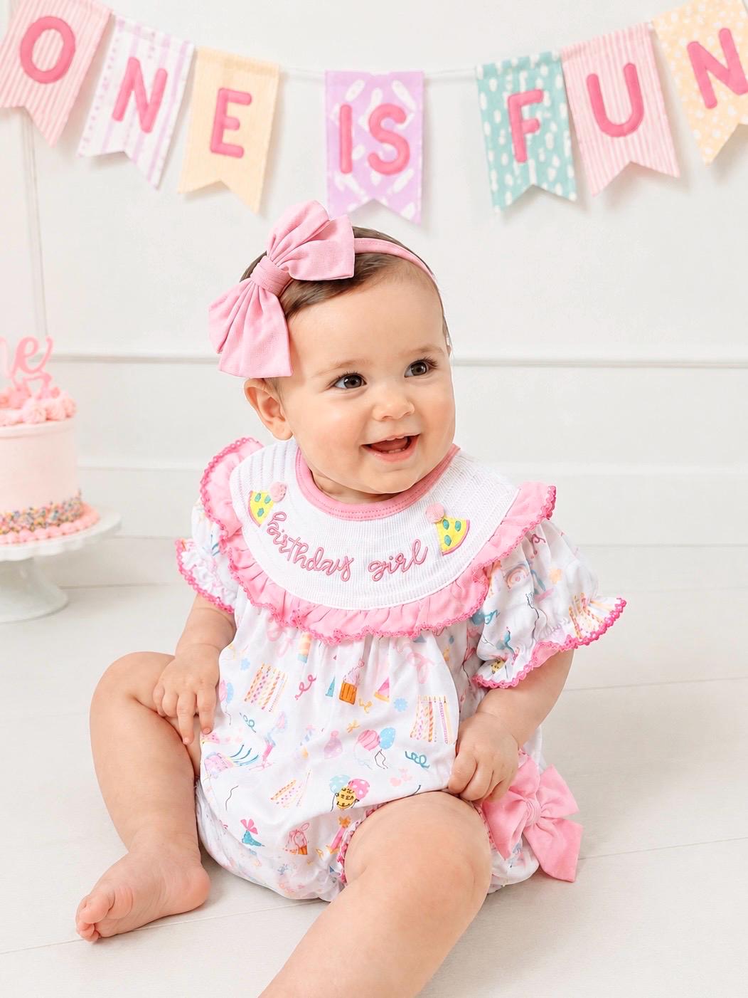 birthday girl party hat outfit one is fun first birthday outfit, pink first birthday smocked bubble romper outfit its fun to be one pink bow ruffle first birthday girl romper pink and white outfit, colorful rainbow pink white smocked bubble romper first birthday winter bows ruffle bows  embroidered smocked long sleeve 1st birthday outfit romper baby girls, the mod mango baby boutique co