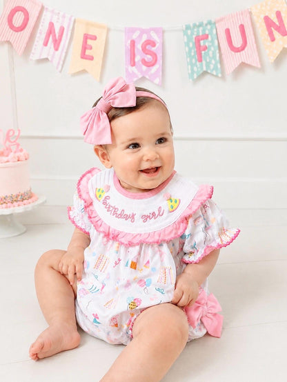 birthday girl party hat outfit one is fun first birthday outfit, pink first birthday smocked bubble romper outfit its fun to be one pink bow ruffle first birthday girl romper pink and white outfit, colorful rainbow pink white smocked bubble romper first birthday winter bows ruffle bows  embroidered smocked long sleeve 1st birthday outfit romper baby girls, the mod mango baby boutique co