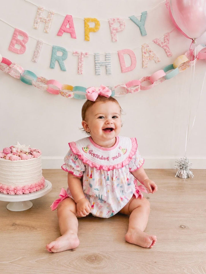 one happy girl birthday girl party hat outfit one is fun first birthday outfit, pink first birthday smocked bubble romper outfit its fun to be one pink bow ruffle first birthday girl romper pink and white outfit, colorful rainbow pink white smocked bubble romper first birthday winter bows ruffle bows  embroidered smocked long sleeve 1st birthday outfit romper baby girls, the mod mango baby boutique co