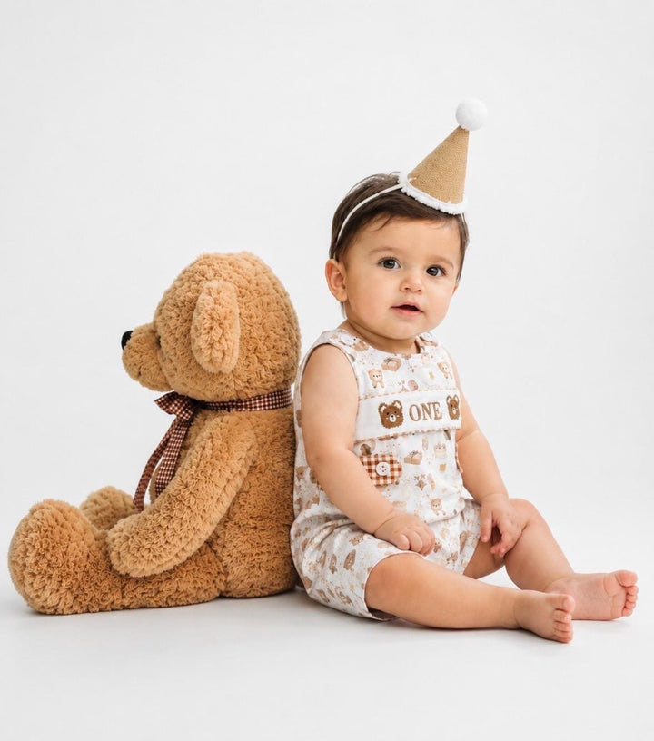 neutral beary first birthday boy romper teddy bear shortalls brown tan beige white gingham smash cake outfit overalls, ONE smocked romper first birthday bears, teddy bear embroidered smocked spring summer fall 1st birthday boy outfit romper baby boys beary 1st birthday