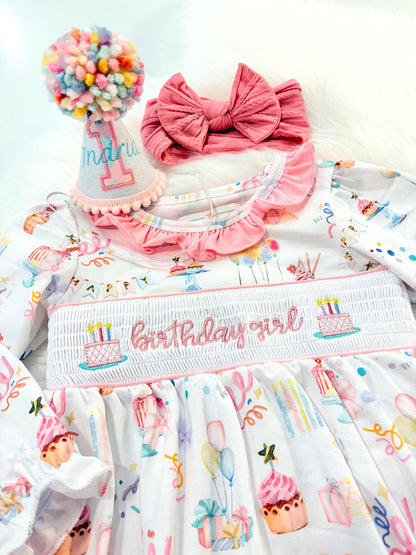 one is fun first birthday outfit, pink first birthday smocked bubble romper outfit its fun to be one pink bow ruffle first birthday girl romper pink and white outfit, colorful rainbow pink white smocked bubble romper first birthday winter bows ruffle bows  embroidered smocked long sleeve 1st birthday outfit romper baby girls, the mod mango baby boutique co