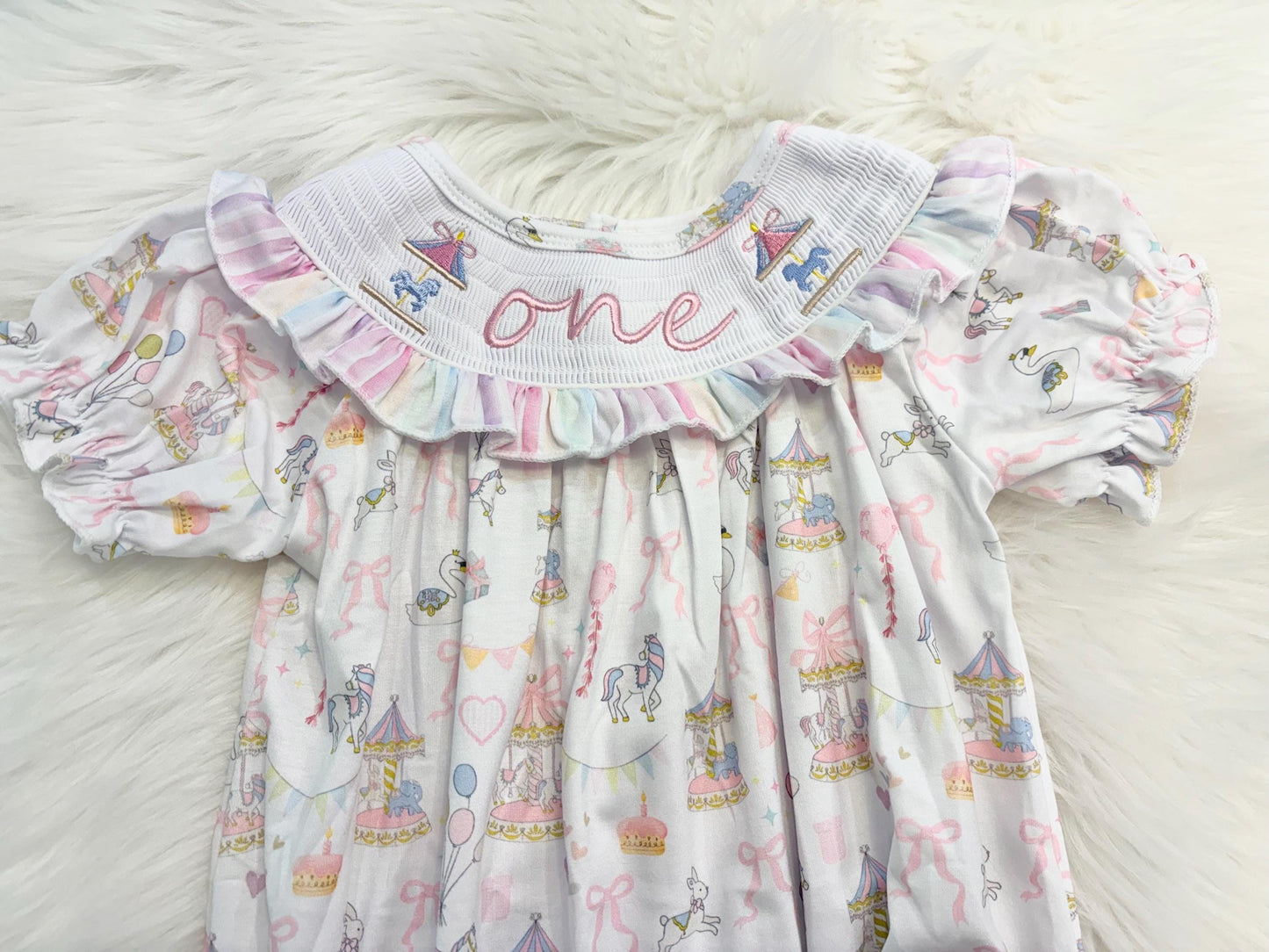 carousel merry go round girls first birthday bubble romper outfit pink bows first birthday girl romper pink and white outfit, pink blue green white pastel smocked romper first birthday embroidered carousel smocked short sleeve 1st birthday outfit ruffle outfit baby girls, the mod mango baby boutique co