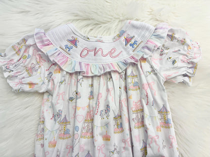 carousel merry go round girls first birthday bubble romper outfit pink bows first birthday girl romper pink and white outfit, pink blue green white pastel smocked romper first birthday embroidered carousel smocked short sleeve 1st birthday outfit ruffle outfit baby girls, the mod mango baby boutique co