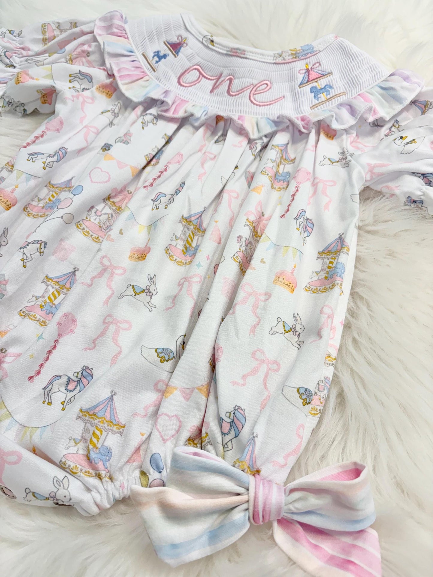 carousel merry go round girls first birthday bubble romper outfit pink bows first birthday girl romper pink and white outfit, pink blue green white pastel smocked romper first birthday embroidered carousel smocked short sleeve 1st birthday outfit ruffle outfit baby girls, the mod mango baby boutique co