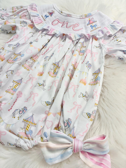 carousel merry go round girls first birthday bubble romper outfit pink bows first birthday girl romper pink and white outfit, pink blue green white pastel smocked romper first birthday embroidered carousel smocked short sleeve 1st birthday outfit ruffle outfit baby girls, the mod mango baby boutique co