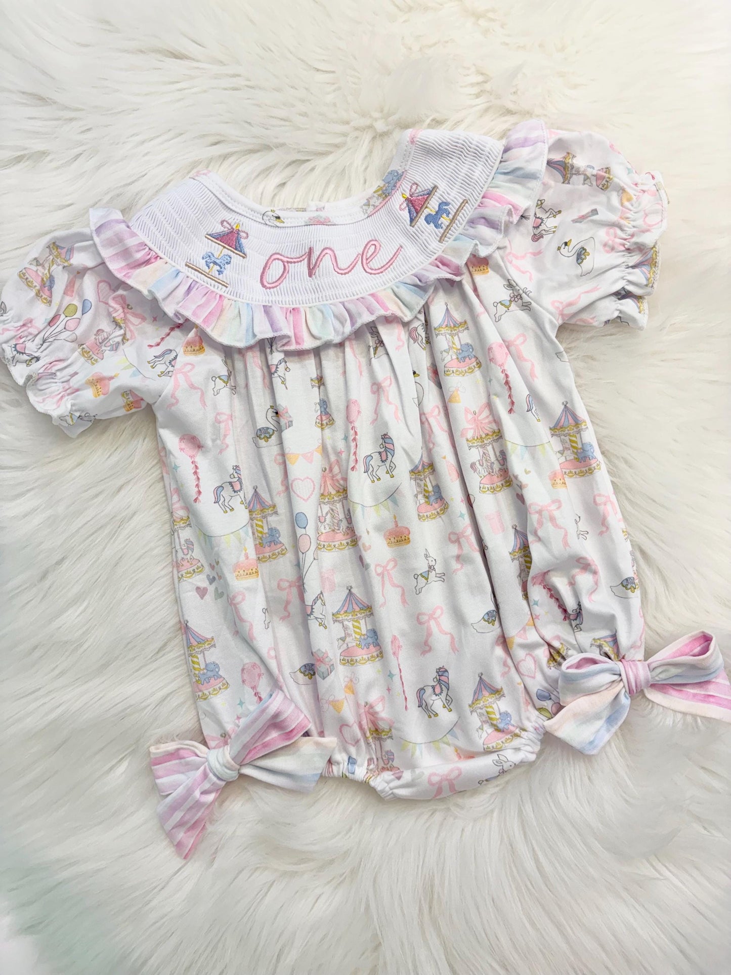 carousel merry go round girls first birthday bubble romper outfit pink bows first birthday girl romper pink and white outfit, pink blue green white pastel smocked romper first birthday embroidered carousel smocked short sleeve 1st birthday outfit ruffle outfit baby girls, the mod mango baby boutique co