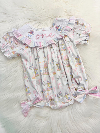carousel merry go round girls first birthday bubble romper outfit pink bows first birthday girl romper pink and white outfit, pink blue green white pastel smocked romper first birthday embroidered carousel smocked short sleeve 1st birthday outfit ruffle outfit baby girls, the mod mango baby boutique co