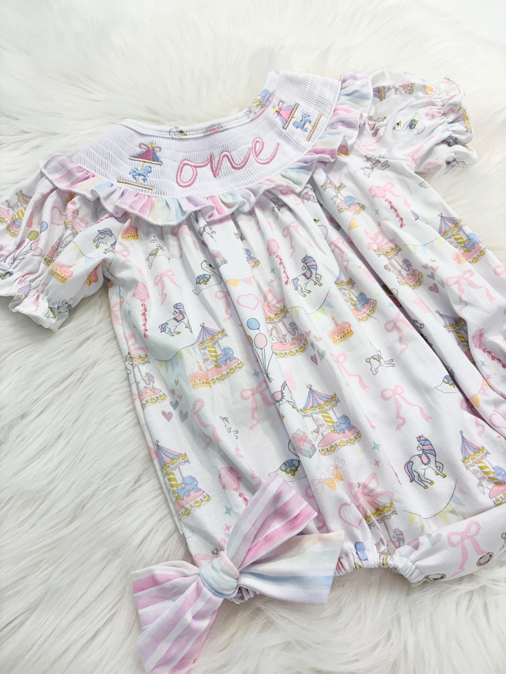 carousel merry go round girls first birthday bubble romper outfit pink bows first birthday girl romper pink and white outfit, pink blue green white pastel smocked romper first birthday embroidered carousel smocked short sleeve 1st birthday outfit ruffle outfit baby girls, the mod mango baby boutique co