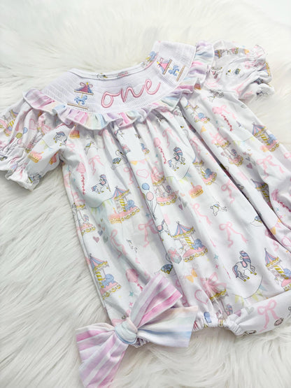 carousel merry go round girls first birthday bubble romper outfit pink bows first birthday girl romper pink and white outfit, pink blue green white pastel smocked romper first birthday embroidered carousel smocked short sleeve 1st birthday outfit ruffle outfit baby girls, the mod mango baby boutique co