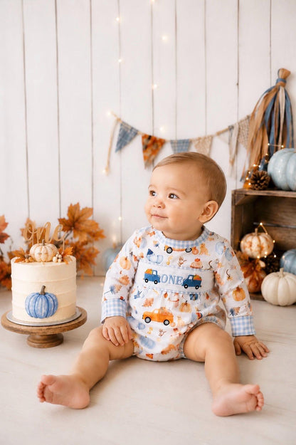 little pumpkin one shirt first birthday boy romper fall orange blue white gingham checkered outfit, ONE smocked bubble romper first birthday fall pumpkins puppy dog truck leaves blue pumpkin, pumpkin truck embroidered smocked 1st birthday outfit romper baby boys, the mod mango baby co baby boutique