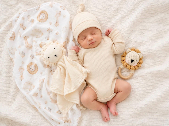 newborn neutral coming home outfit layette set baby boys lion swaddle blanket and knot hat set newborn blanket and   newborn hat spring baby gift boy, baby lion tan white cream ivory beige shower gift set Newborn Boy Neutral Gift Set newborn boy gift, lion baby shower, the mod mango baby boutique co