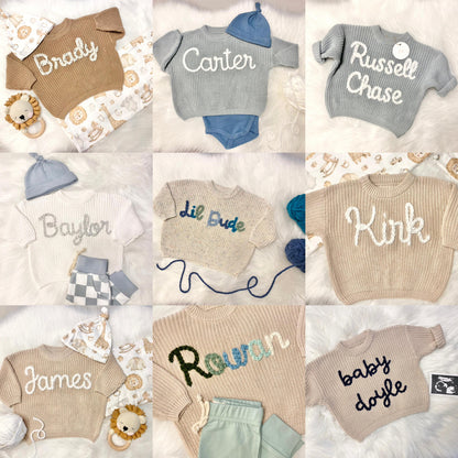 hand embroidered baby toddler brother sweater with flowers for baby boy girl, personalized baby shower gift for girl, light pink blush beige cream baby gift, pregnancy announcement, custom newborn baby sweater with name, hand embroidered baby sweater, the mod mango baby boutique co