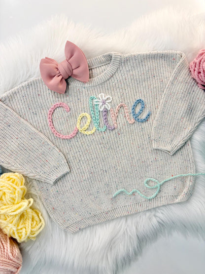 Hand Embroidered Baby Name Sweater, Oversized Rainbow Knit