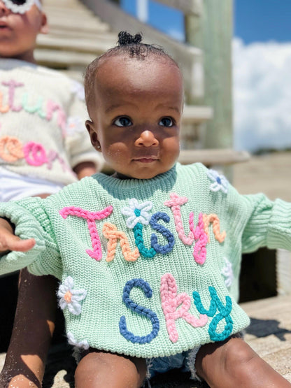 Hand Embroidered Baby Name Sweater, Oversized Rainbow Knit