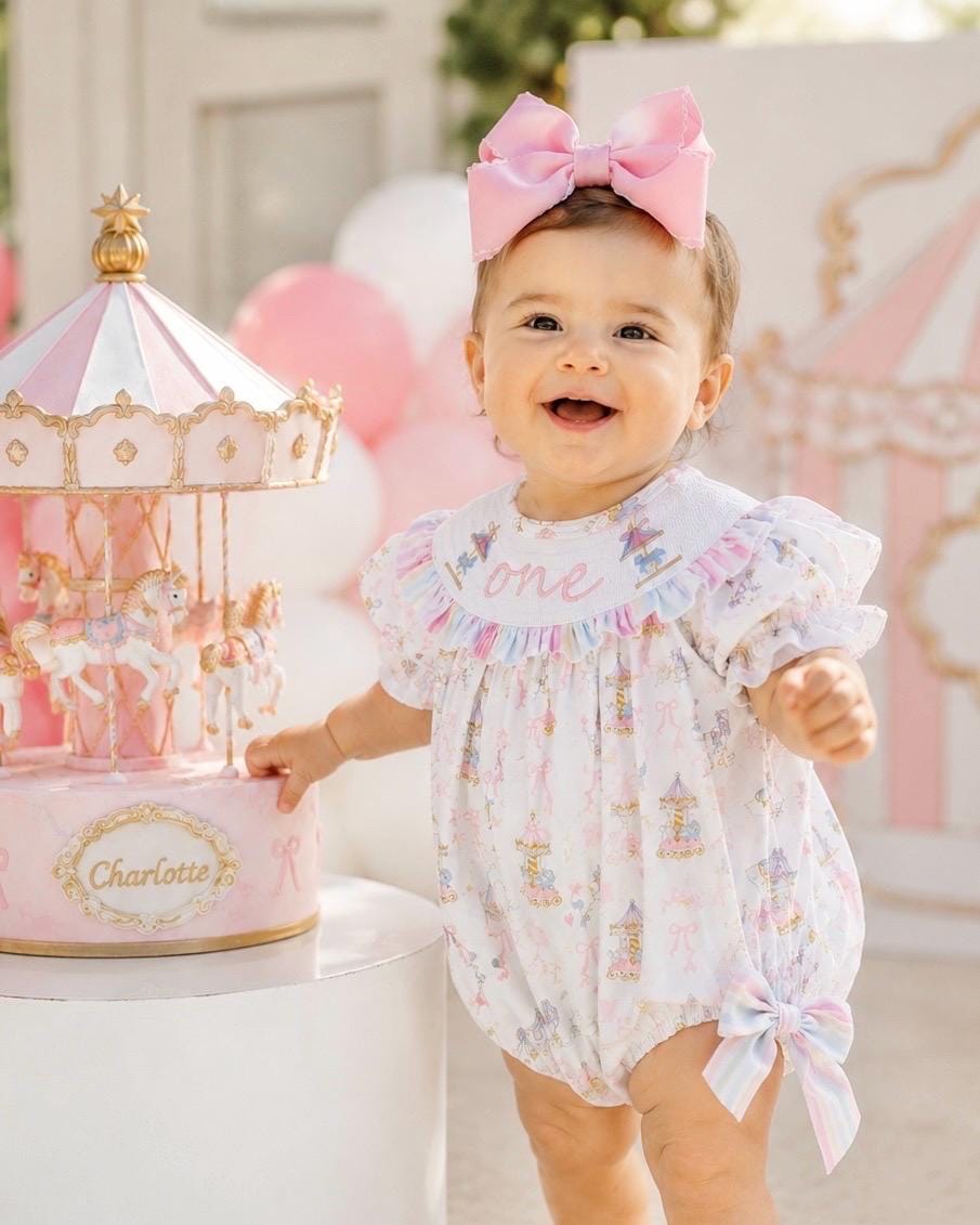 carousel merry go round girls first birthday bubble romper outfit pink bows first birthday girl romper pink and white outfit, pink blue green white pastel circus smocked romper first birthday embroidered carousel smocked short sleeve 1st birthday outfit ruffle outfit baby girls, the mod mango baby boutique co
