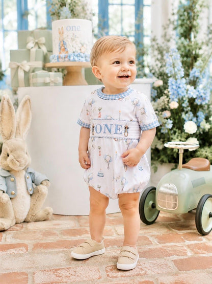 Peter Rabbit First Birthday Smocked Romper - Some Bunny is ONE