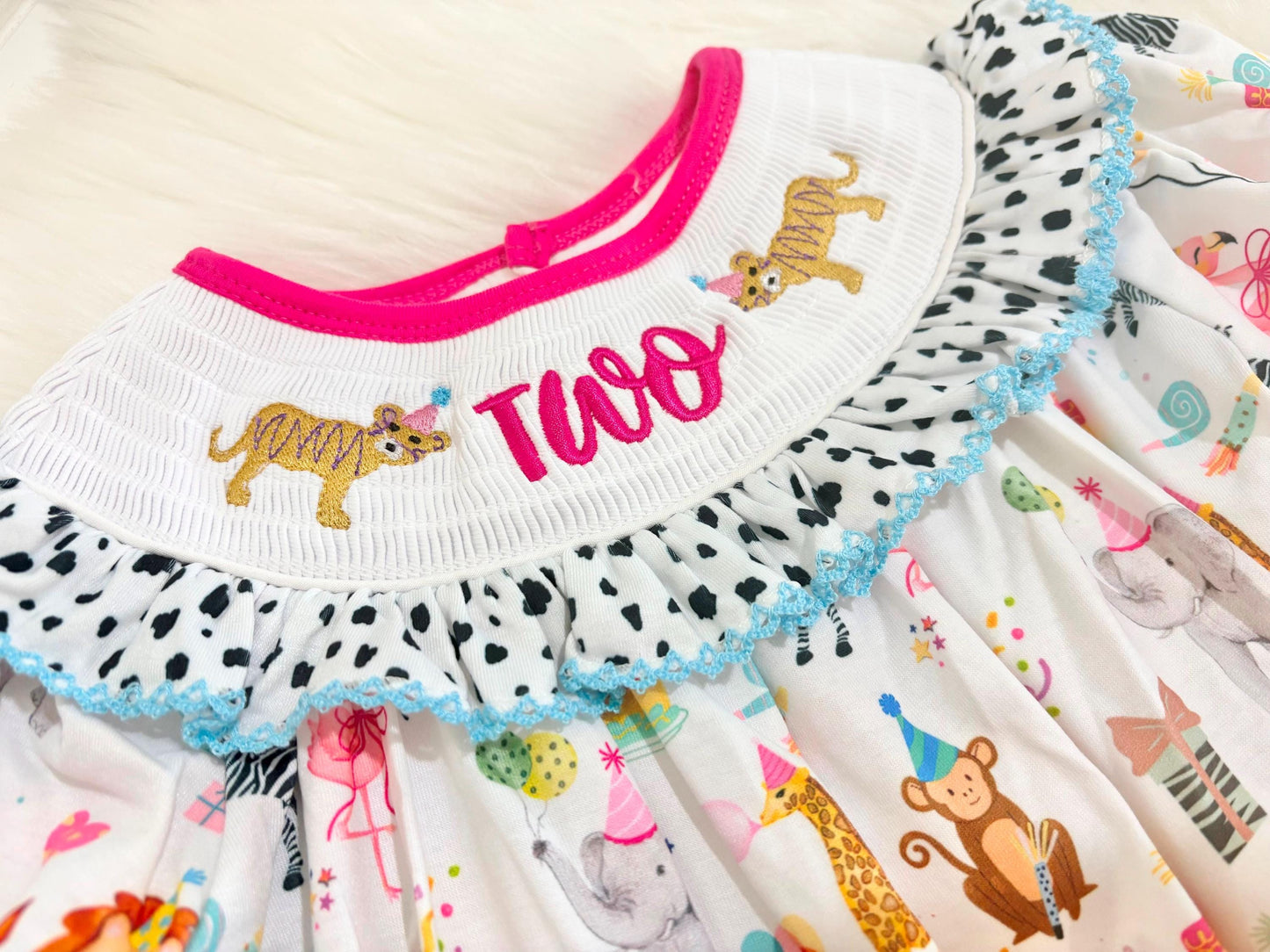 two wild zoo party circus animal second birthday outfit, pink 2nd birthday smocked bubble romper outfit hot pink animal print bow ruffle second birthday girl romper pink and white outfit, colorful rainbow pink turquoise white smocked bubble romper first birthday bows ruffle bows  embroidered smocked short sleeve 2nd birthday outfit romper baby girls, the mod mango baby boutique co