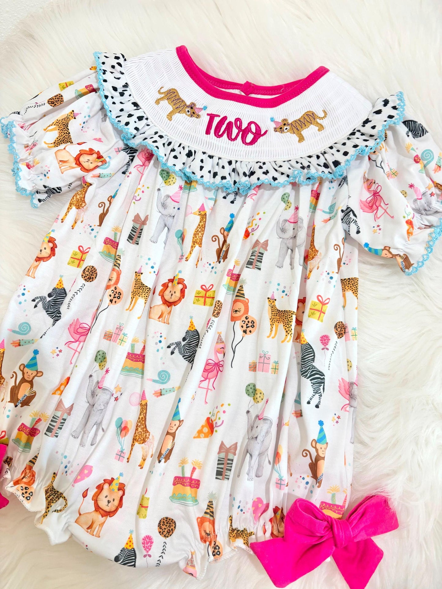 two wild zoo party circus animal second birthday outfit, pink 2nd birthday smocked bubble romper outfit hot pink animal print bow ruffle second birthday girl romper pink and white outfit, colorful rainbow pink turquoise white smocked bubble romper first birthday bows ruffle bows  embroidered smocked short sleeve 2nd birthday outfit romper baby girls, the mod mango baby boutique co