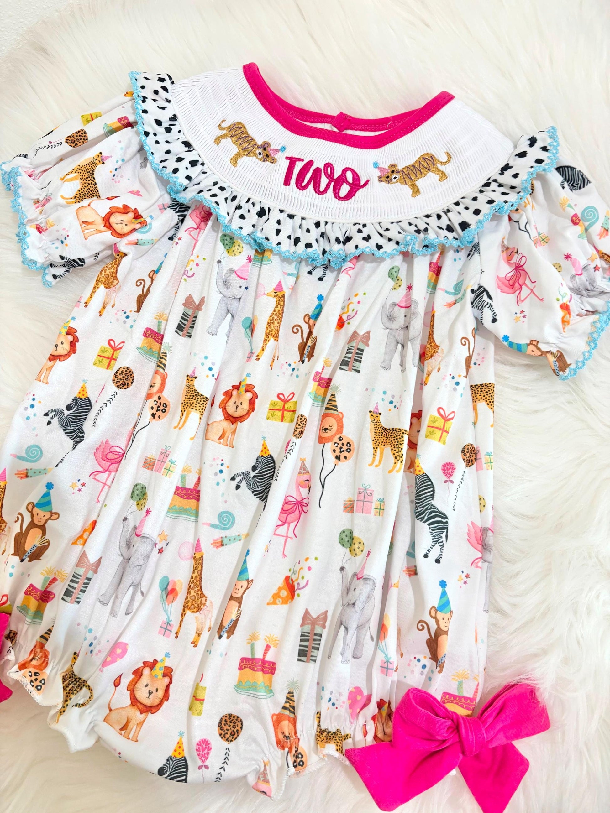two wild zoo party circus animal second birthday outfit, pink 2nd birthday smocked bubble romper outfit hot pink animal print bow ruffle second birthday girl romper pink and white outfit, colorful rainbow pink turquoise white smocked bubble romper first birthday bows ruffle bows  embroidered smocked short sleeve 2nd birthday outfit romper baby girls, the mod mango baby boutique co