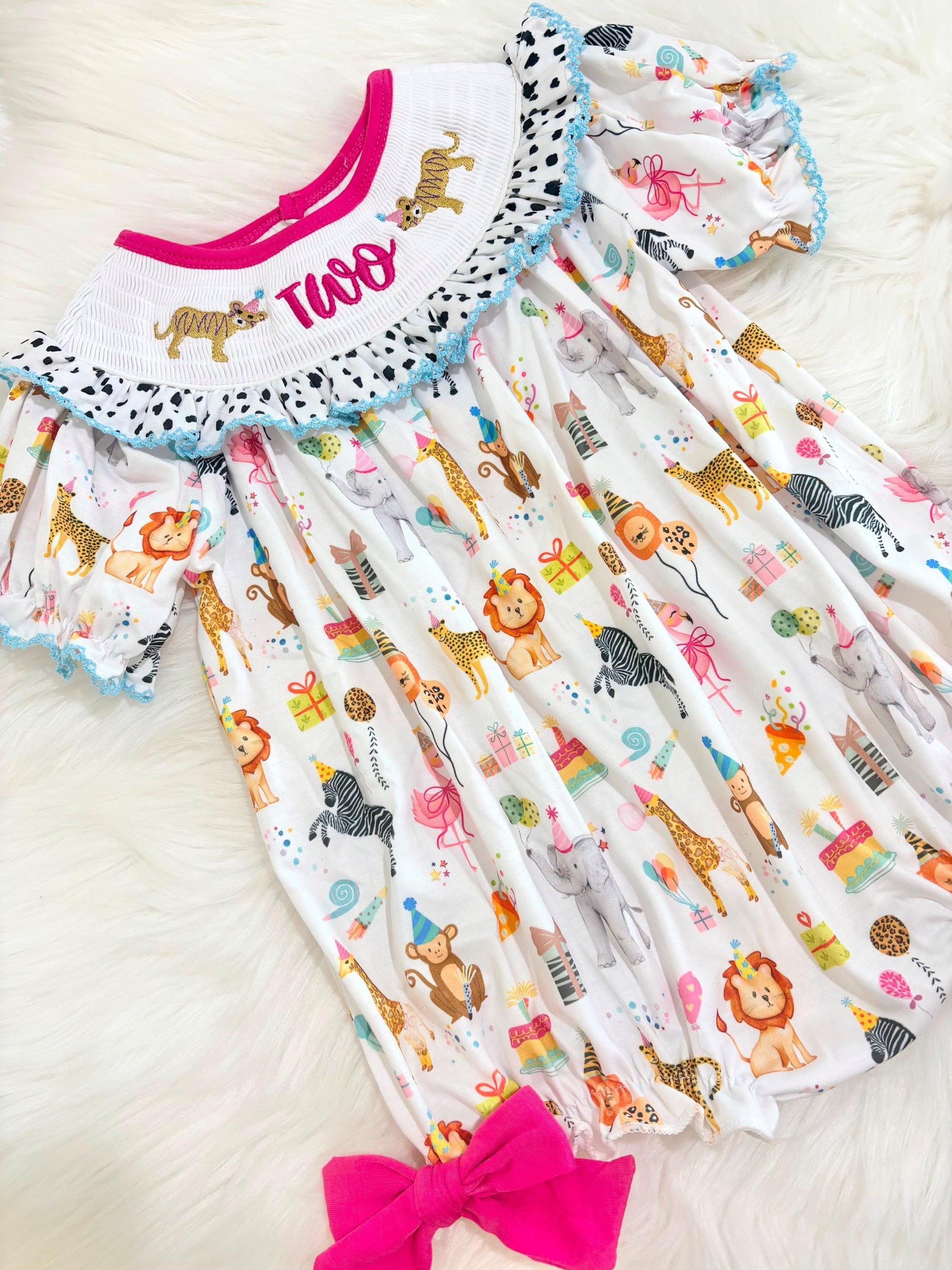 two wild zoo party circus animal second birthday outfit, pink 2nd birthday smocked bubble romper outfit hot pink animal print bow ruffle second birthday girl romper pink and white outfit, colorful rainbow pink turquoise white smocked bubble romper first birthday bows ruffle bows  embroidered smocked short sleeve 2nd birthday outfit romper baby girls, the mod mango baby boutique co
