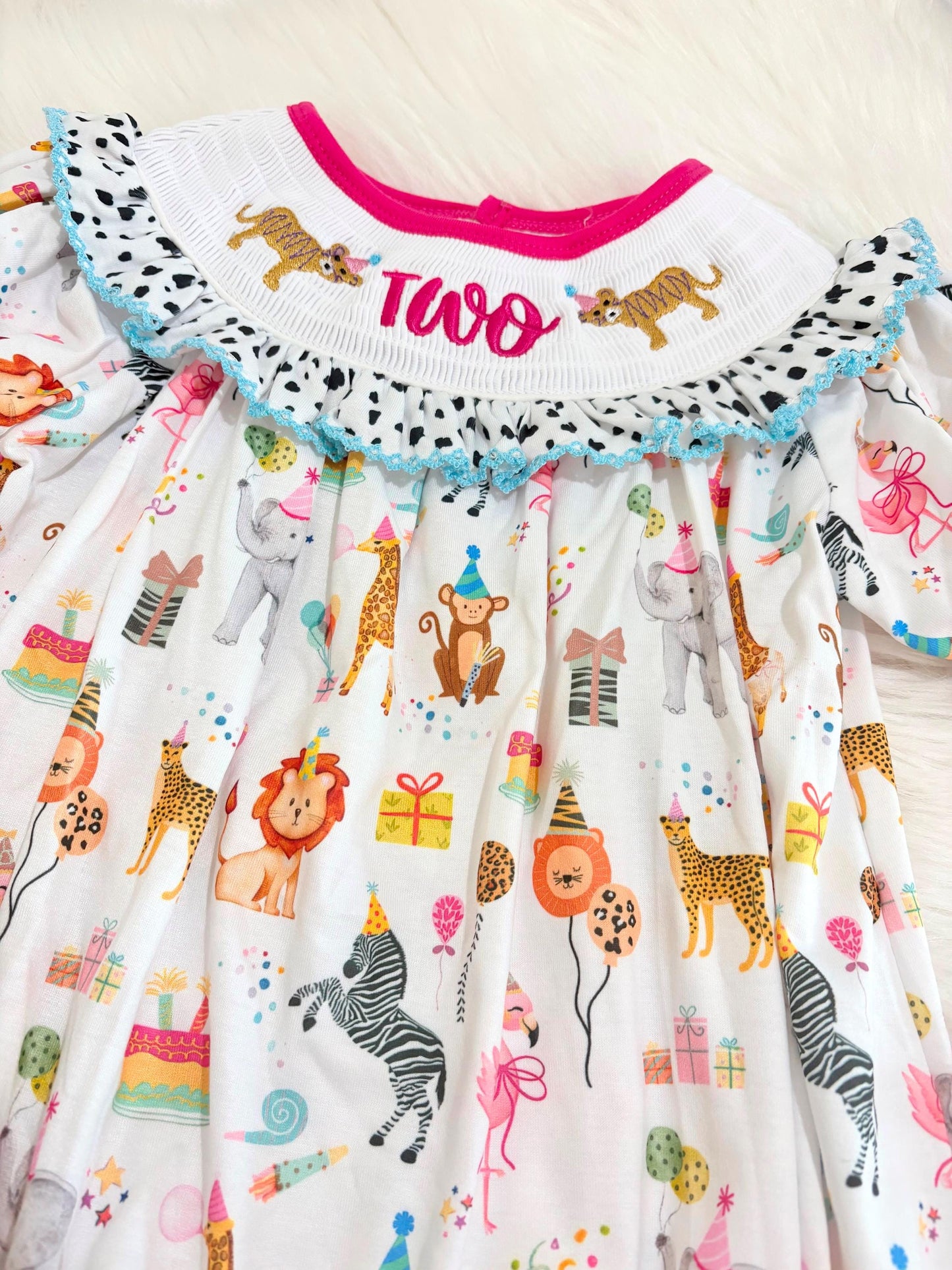 two wild zoo party circus animal second birthday outfit, pink 2nd birthday smocked bubble romper outfit hot pink animal print bow ruffle second birthday girl romper pink and white outfit, colorful rainbow pink turquoise white smocked bubble romper first birthday bows ruffle bows  embroidered smocked short sleeve 2nd birthday outfit romper baby girls, the mod mango baby boutique co